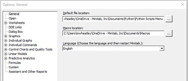 Dialog for Setting the Default File Location in Minitab