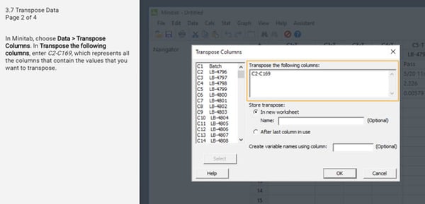 Transpose columns and rows in Minitab Statistical Software