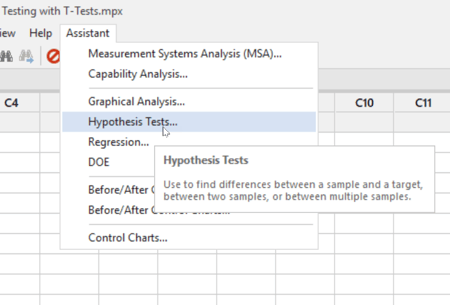 How to find Hypothesis Tests under Minitab Assistant Menu