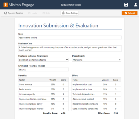 Formular zum Einreichen und Auswerten von Innovationen in Minitab Engage