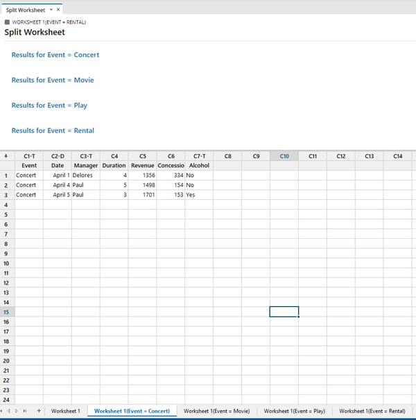 Split worksheet results