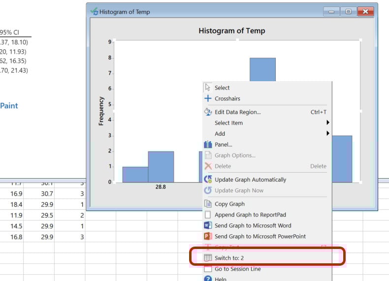 Use the "Switch to" option to display the worksheet your graph came from.
