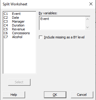 Split worksheet dialog