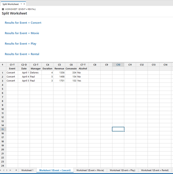 Split worksheet results