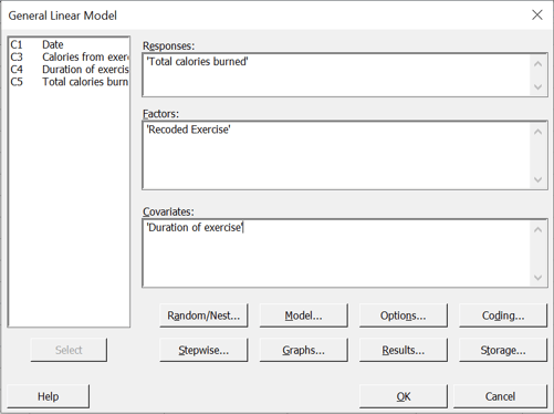 General Linear Model (GLM) dialog box to check differences between purely cardio and cardio+resistance training