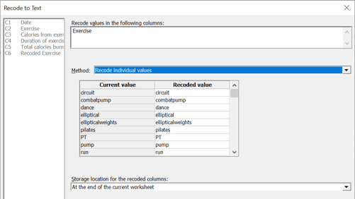 Recode Data to create a column to categorize the exercise type