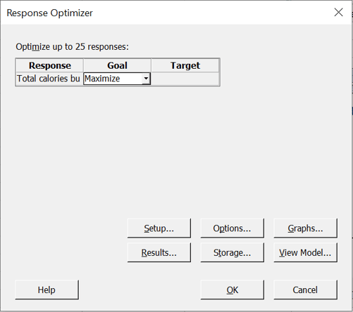 Optimal settings of Exercise type and duration - Response Optimizer dialog box detailed