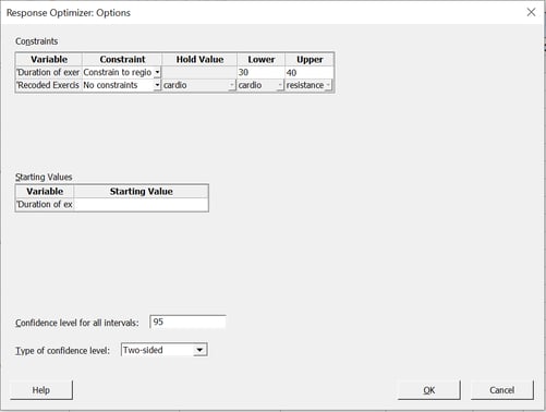 Optimal settings of Exercise type - duration and Exercise type with constraints Response Optimizer dialog box options