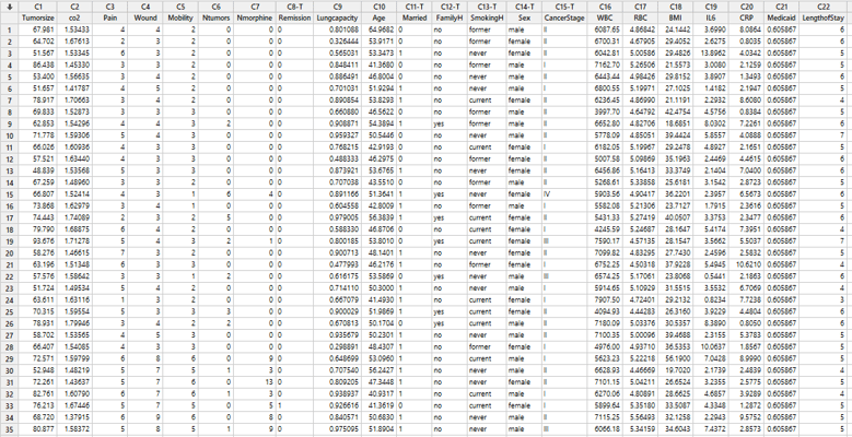 Minitab worksheet of 20 predictors related to patient length of stay