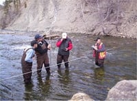 Technicians training and measuring water flows in Pine Creek.