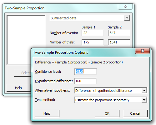 2 proportions test dialog