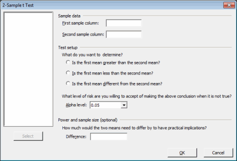 2 sample t-test options