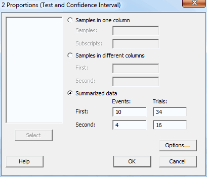 Minitab's Two Proportions Test dialog box