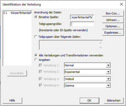 Identifikation der Verteilung - Dialogfeld