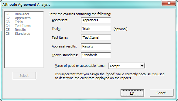 attribute agreement analysis dialog box