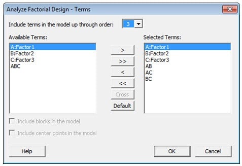 Attribute DOE Analyze Factorial Design Terms Dialog