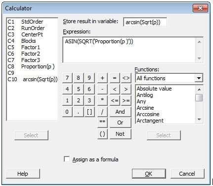 Attribute DOE - Calculator ArcSine Transformation Dialog Box