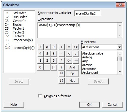 Attribute DOE - Calculator ArcSine Transformation Dialog Box