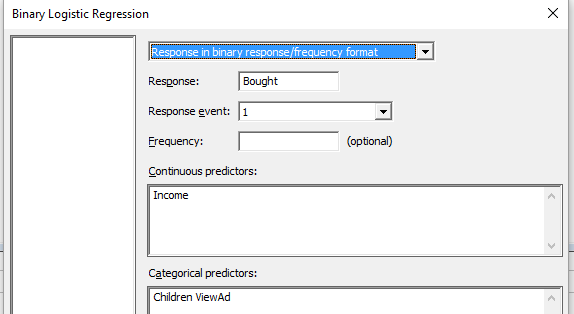 binary logistic regression dialog