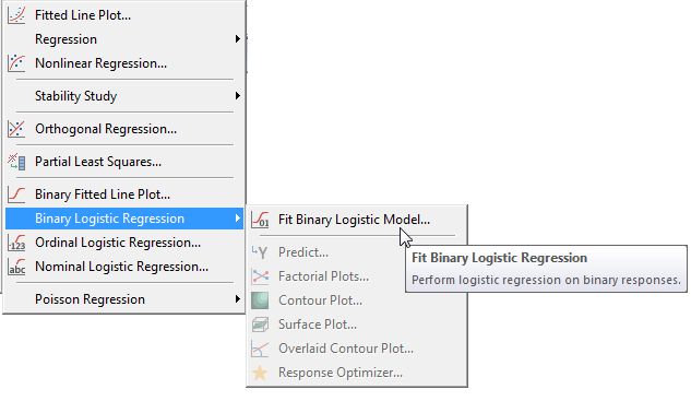 Binary Logistic Regression menu