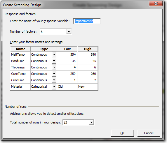 The number of factors and the number of runs are the only decisions for setting up a screening design in the Assistant.
