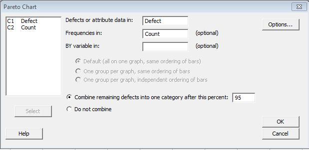Pareto Chart Dialogue Box