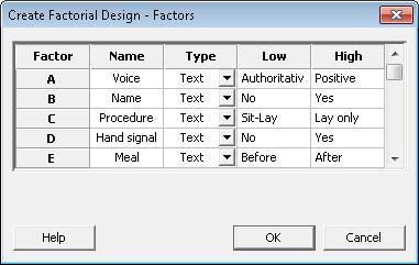 DOE factors dialog