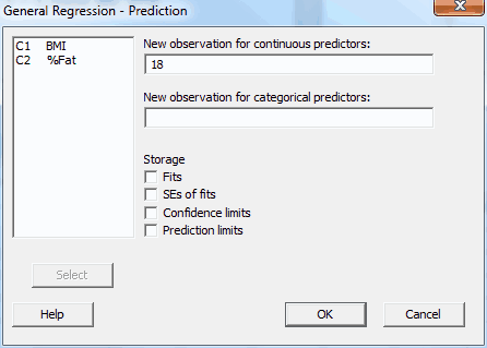 General Regression prediction dialog box