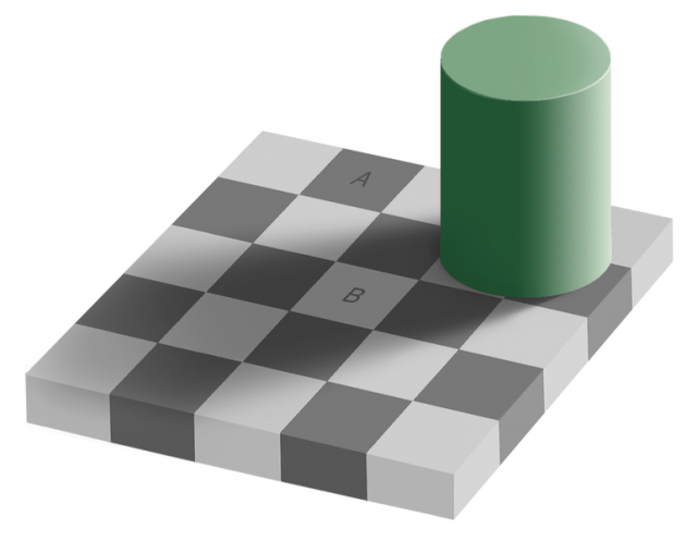 Square A is the same shade of grey as square B