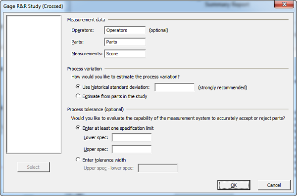 gage R&R analysis dialog box
