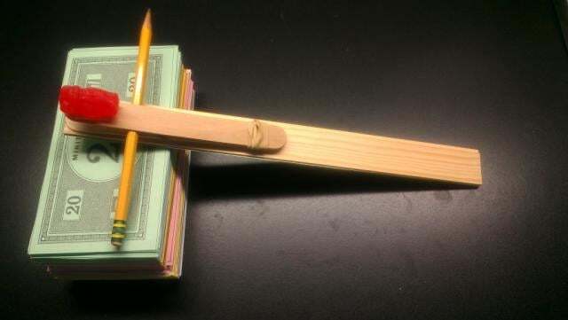 Gummi catapult in the high position, at the high angle, with the fulcrum away from the rubber band.