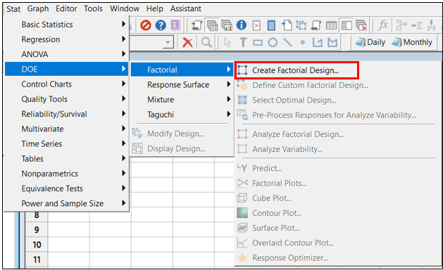 select create factorial design