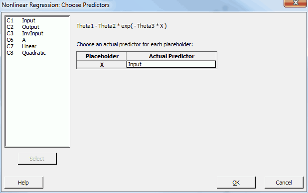 Nonlinear Regression predictors dialog box