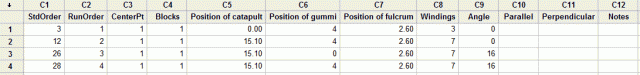 DOE worksheet with response and note columns.