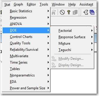 DOE Menu in Minitab