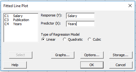 fitted line plot dialog