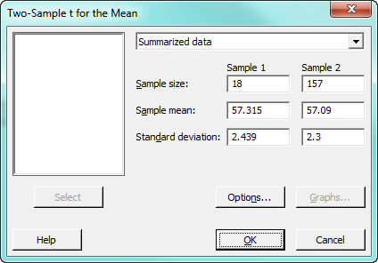 two-sample t test dialog