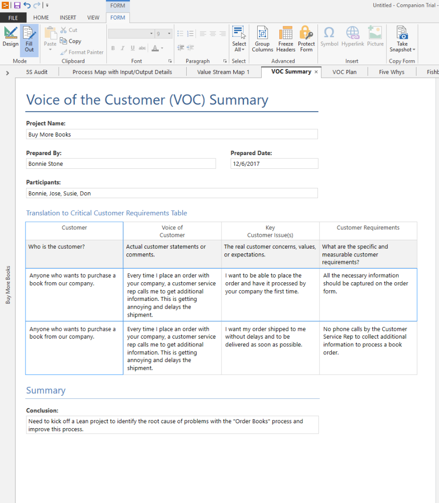 Voice of Customer (VOC) Summary form using Companion