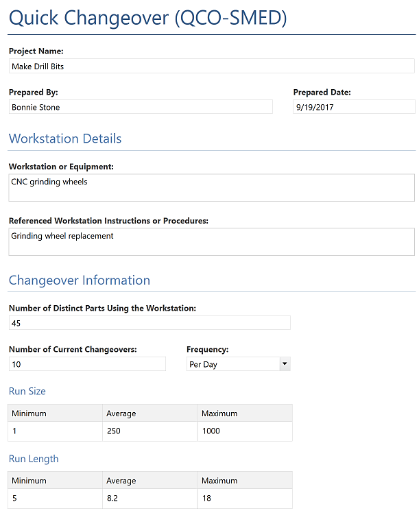 Quick Changeover QCO-SMED form in Companion by Minitab