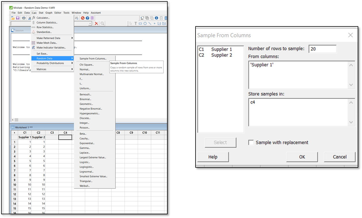 Minitab dialog boxes