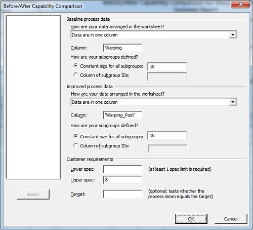 before-after capability analysis dialog box