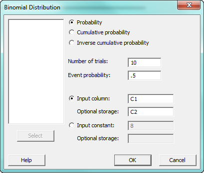 binomial distribution probability table dialog