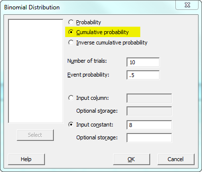 binomial cumulative probability dialog