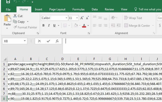 The Excel file loads all of the data into Column A.