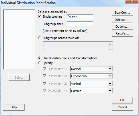 Individual Distribution Identification dialog box in Minitab