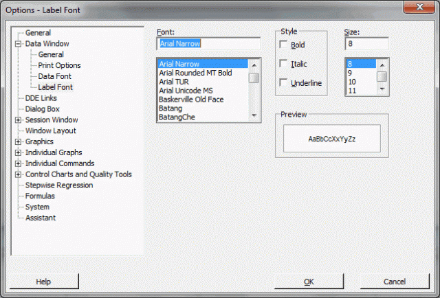 The tools options dialog box with the label settings completed.