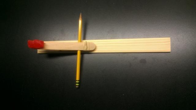 Gummi catapult in the high position, at the low angle, with the fulcrum close to the rubber band.