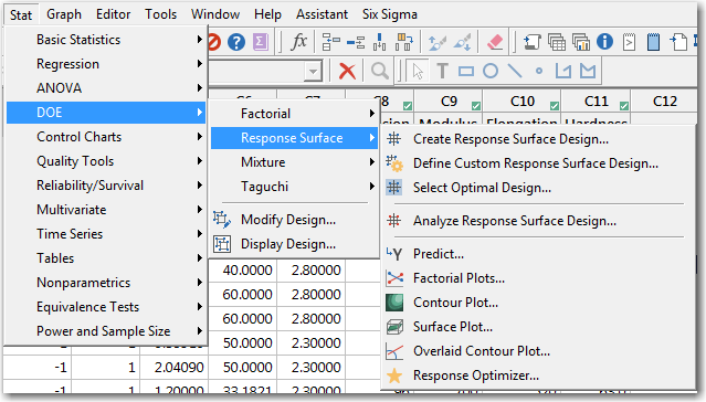 In the Response Surface Menu, you can see tools that you can use with a fitte model: Predict, Factorial Plots, Contour Plot, Surface Plot, Overlaid Contour Plot, Response Optimizer