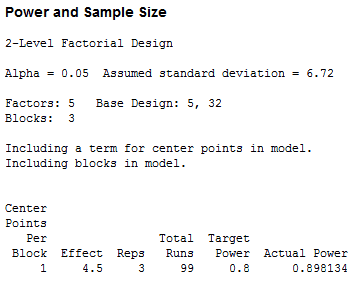 With a full factorial design, we need 3 replicates for 80% power to detect an effect of 4.5 inches. The total sample size is the same as the resolution III design.